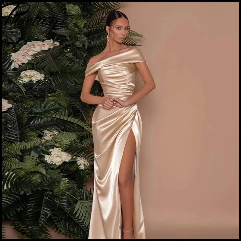 Elegant Satin Solid Color Off-Shoulder Women's Long Dress Sexy High-Waisted Flim Slit Pleated Dress for Lady Party Wedding