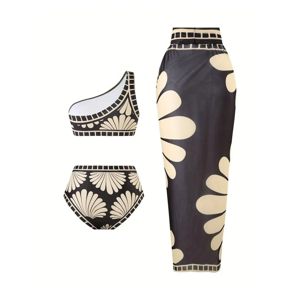 S - XXL Printed Sarong Female Swimsuit High Waist Bikini Women Swimwear Three-pieces Bikini set Bather Bathing Suit Swim V8212