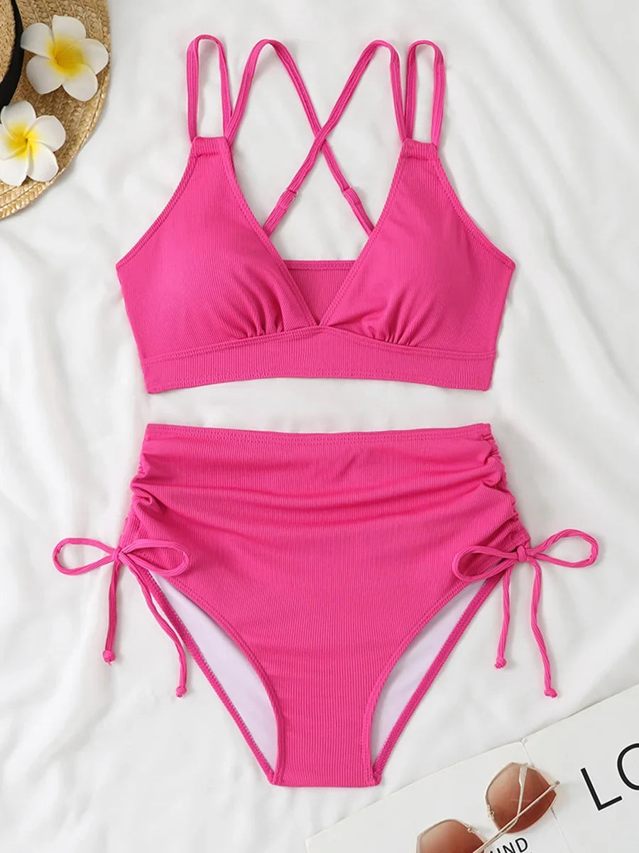 2026 Strappy Triangle Bikinis Women Sexy Swimwear Female High Waist Swimsuit Solid Bathers Bathing Swimming Swim Suit Beachwear