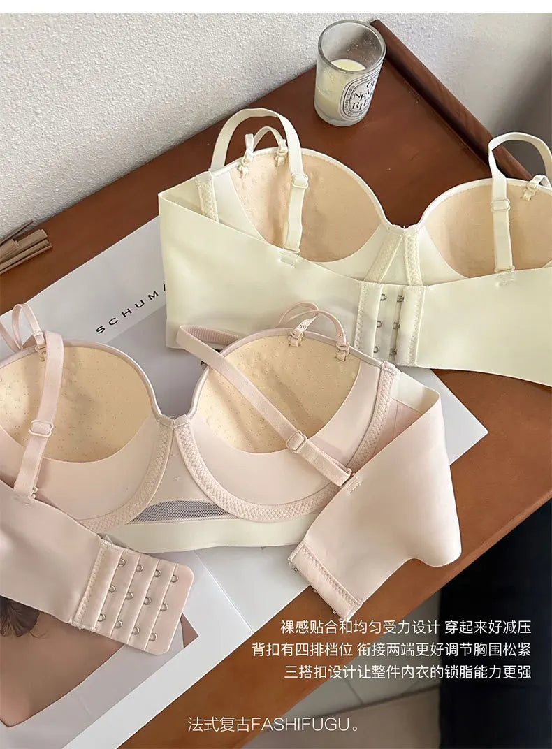 TikTok Viral MOYISU Summer Satin Bralette Strapless Push Up Bra&Set French Retro Anti Sag Lingerie Set Small Breast Support Gift