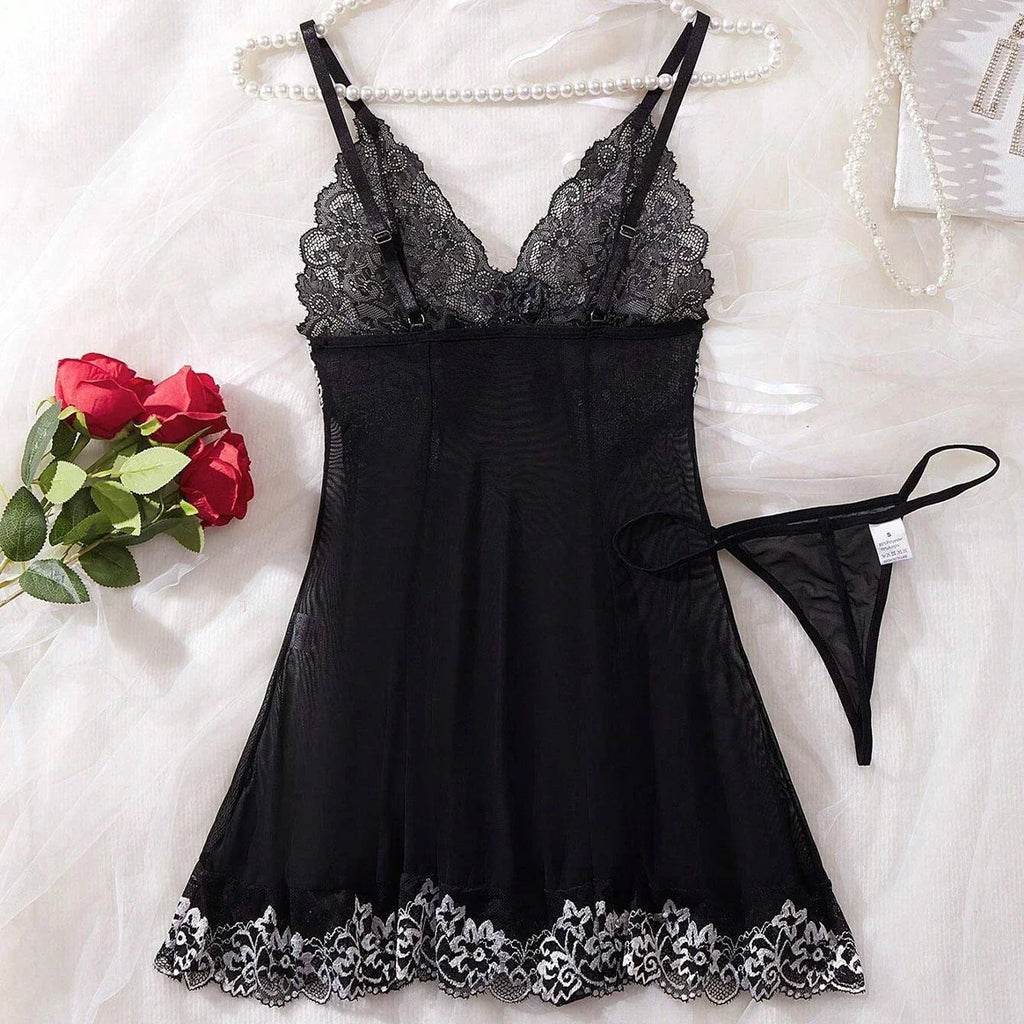 Black Lingerie Women Underwear Sleepwear Lace Nightdress And Thongs Pijamas Sets Female Nighty