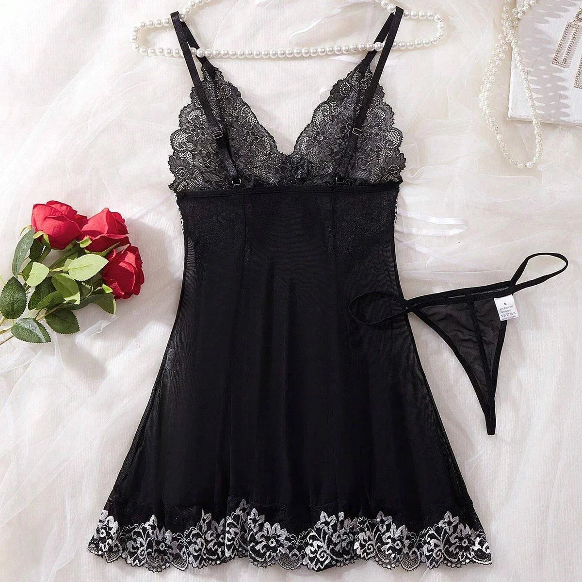 Black Lingerie Women Underwear Sleepwear Lace Nightdress And Thongs Pijamas Sets Female Nighty