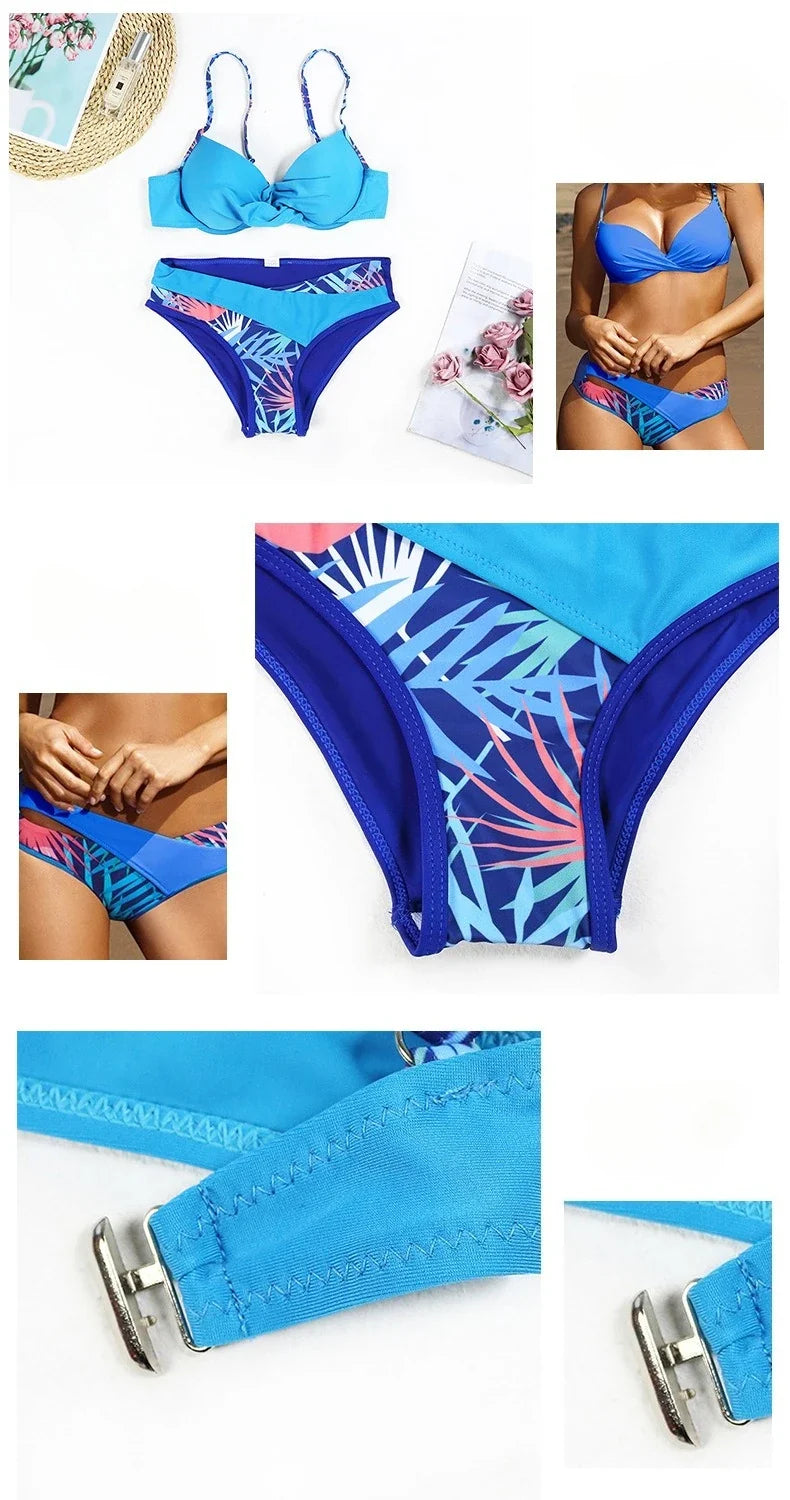 4 Colors Sexy Bikini Women Push Up Swimwear Swimsuit Leaf Print Patchwork Bikinis Set Bathing Suit Beach Bikini Female Biquinis