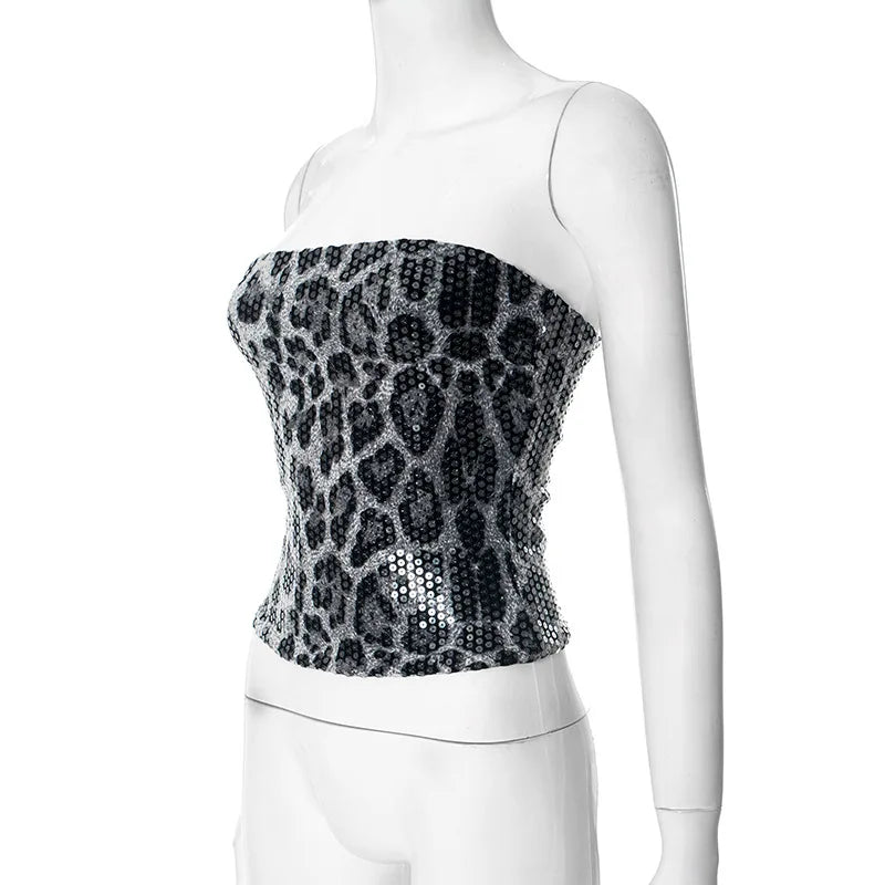 Sexy Chic Leopard Printed Corset Tops Women's Fashion Skinny Zip-up Sequins Crop Tops Strapless Night Club Outfit Streetwear