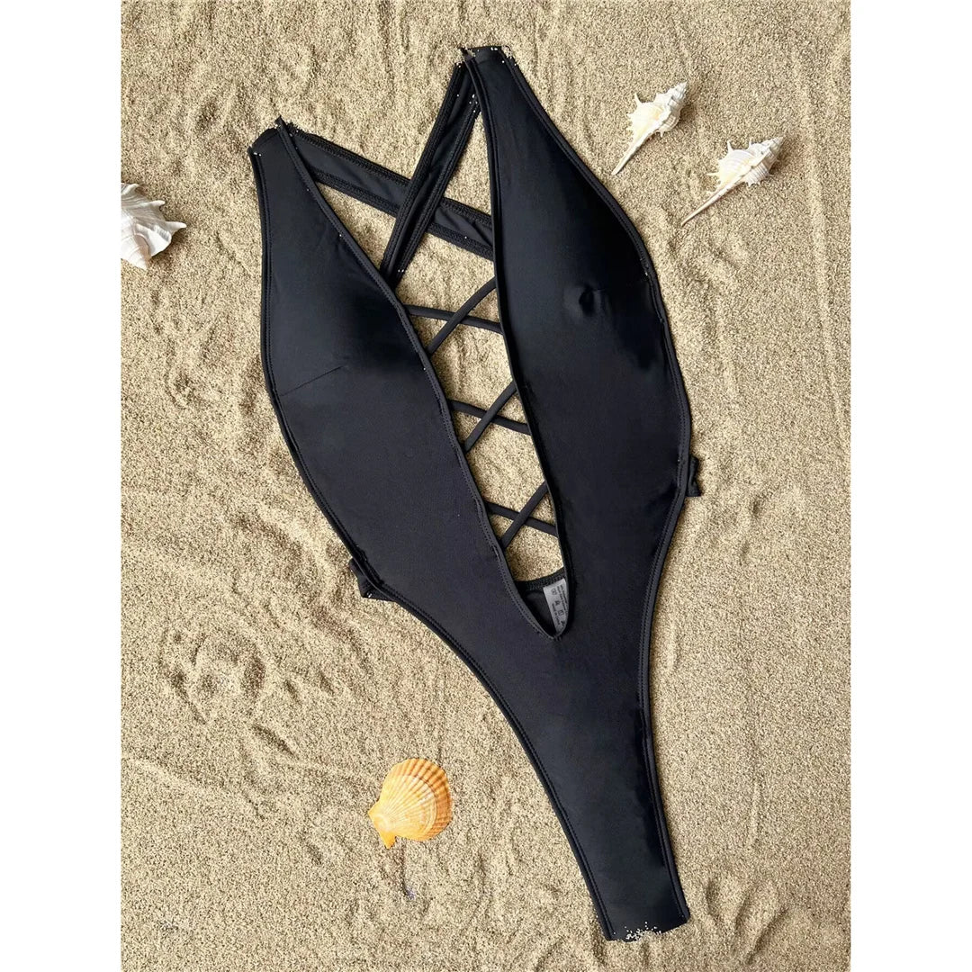 S - XL Deep V Neck Mini Thong Cross Back Women Swimwear One Piece Swimsuit Female High Leg Cut Bather Bathing Suit Swim V5462