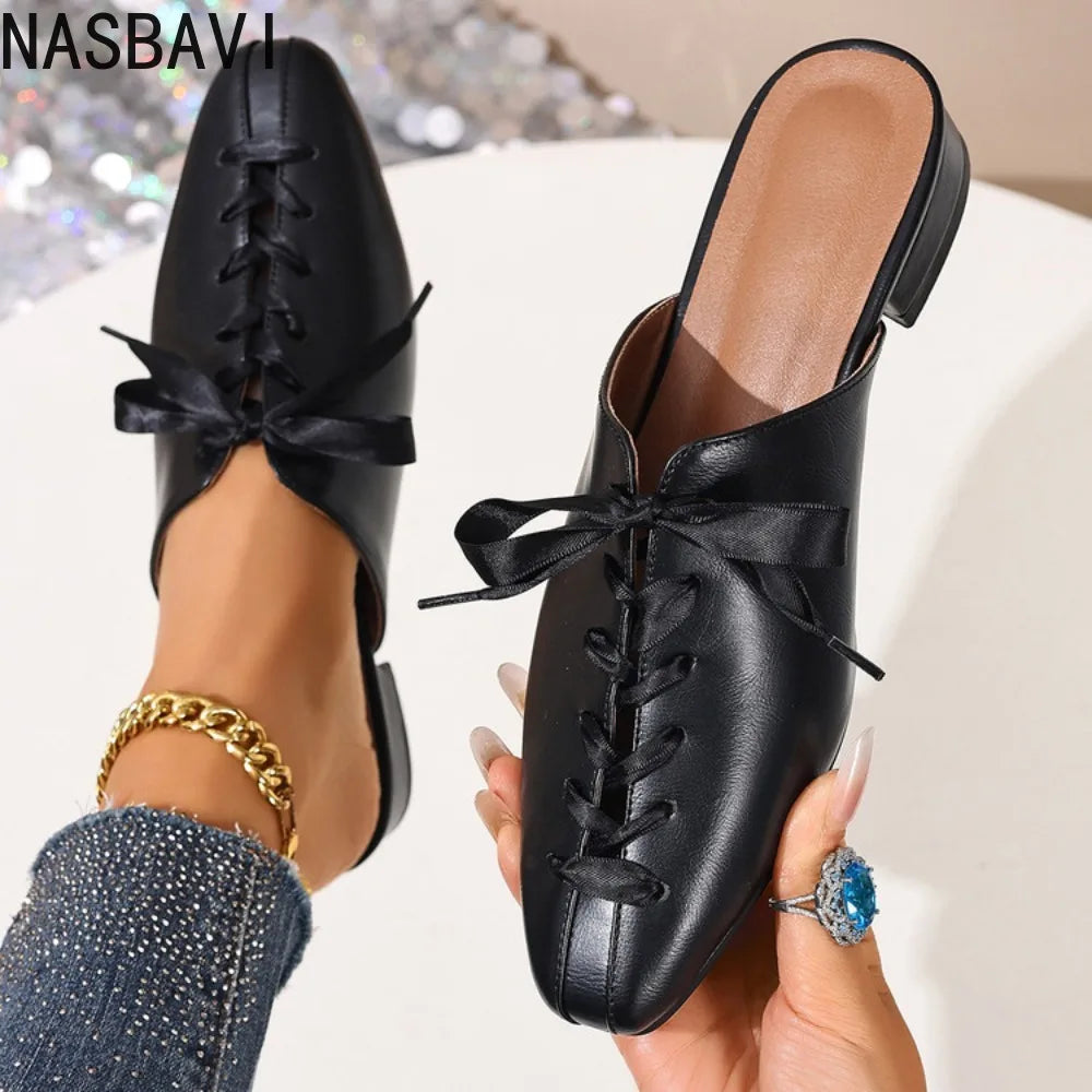 2026 New Retro Summer Brown Women's Slippers Thick Low Heels Square Head Lace Up Ladies Comfortable Outdoor Beach Sliders 35-45
