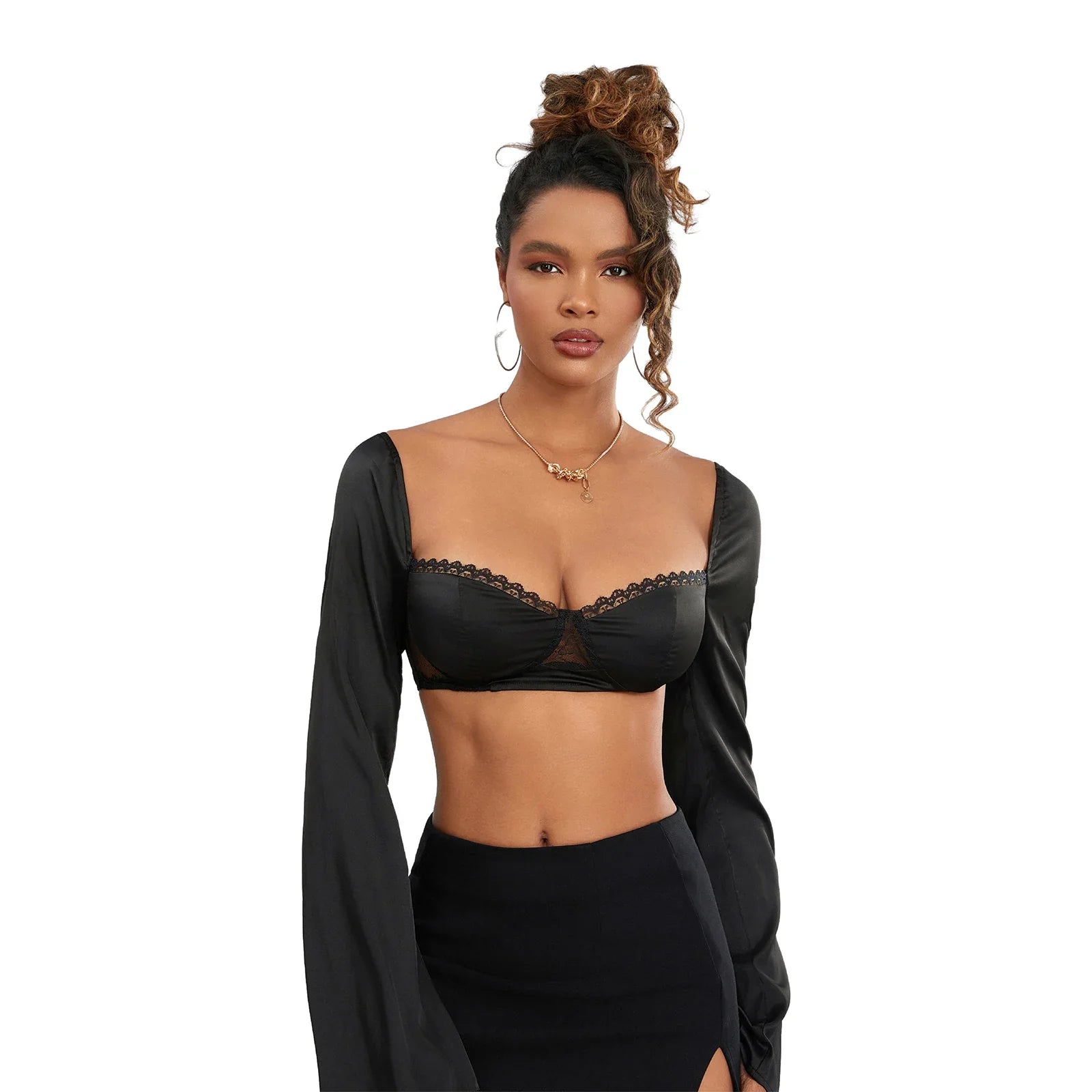 Women Long Sleeve Crop Tops Mesh Lace Trim Sweetheart Neckline Tie-Up Backless T-Shirts Spring Fall Slim Fit Shirts Streetwear