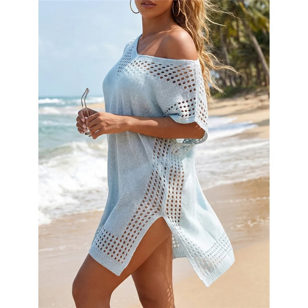 7 Colors Short Sleeve V Neck Crochet Knitted Tunic Beach Cover Up Cover-ups Beach Dress Beach Wear Beachwear Female Women V8267
