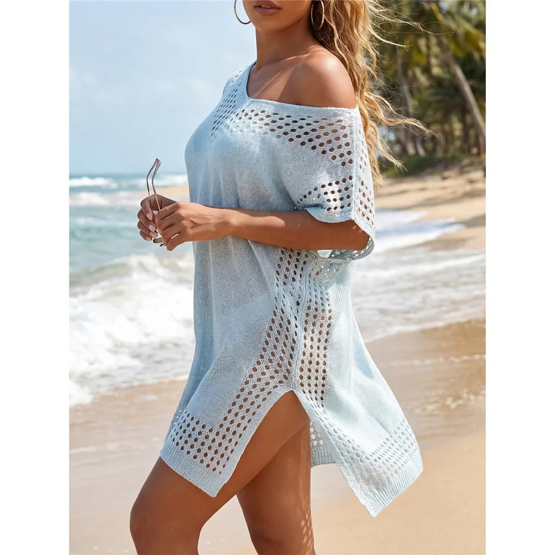 7 Colors Short Sleeve V Neck Crochet Knitted Tunic Beach Cover Up Cover-ups Beach Dress Beach Wear Beachwear Female Women V8267