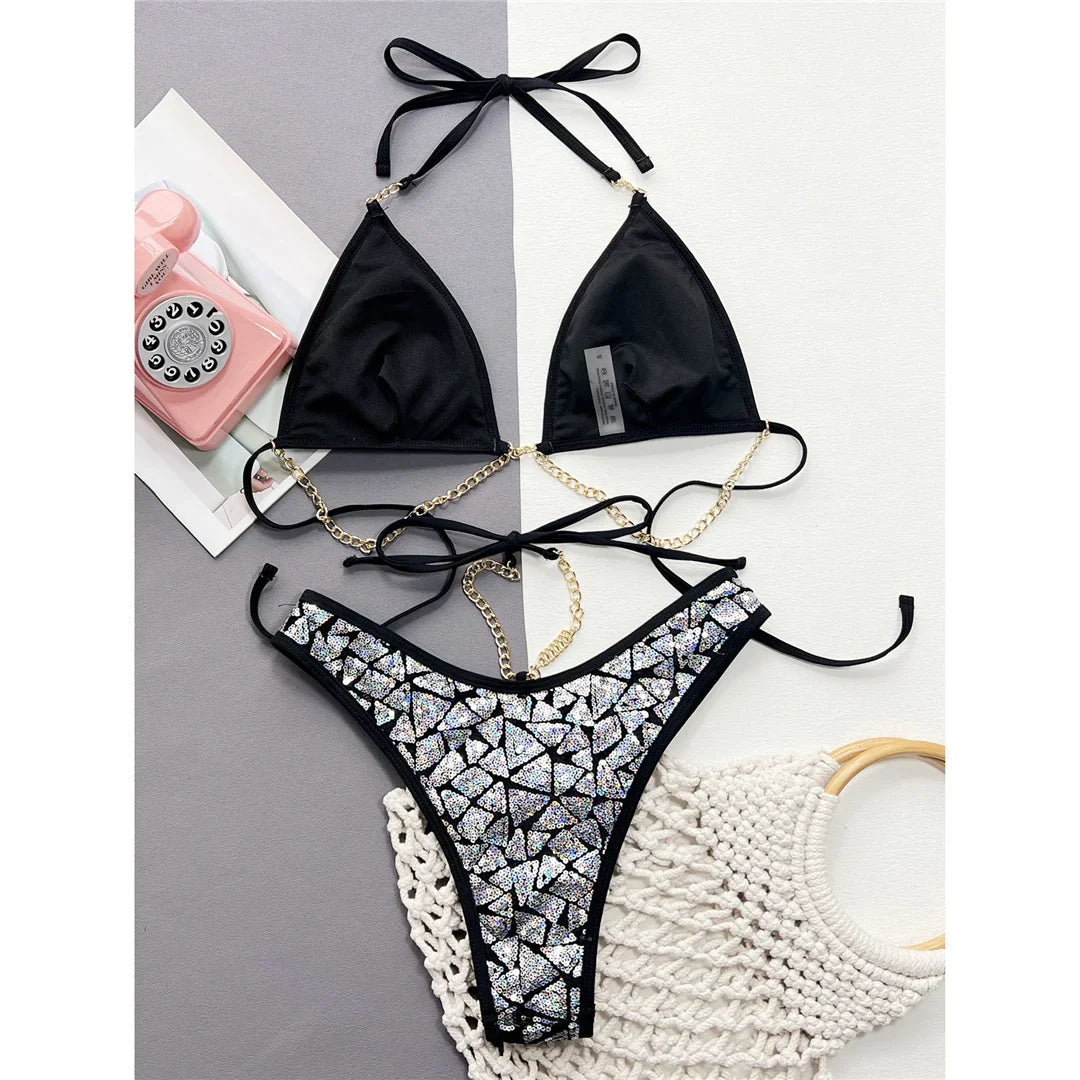 New Bling Sequins Halter Metal Chains Bikini Women Swimwear Female Swimsuit Two-Pieces Bikini Set Bather Bathing Suit Swim V4865