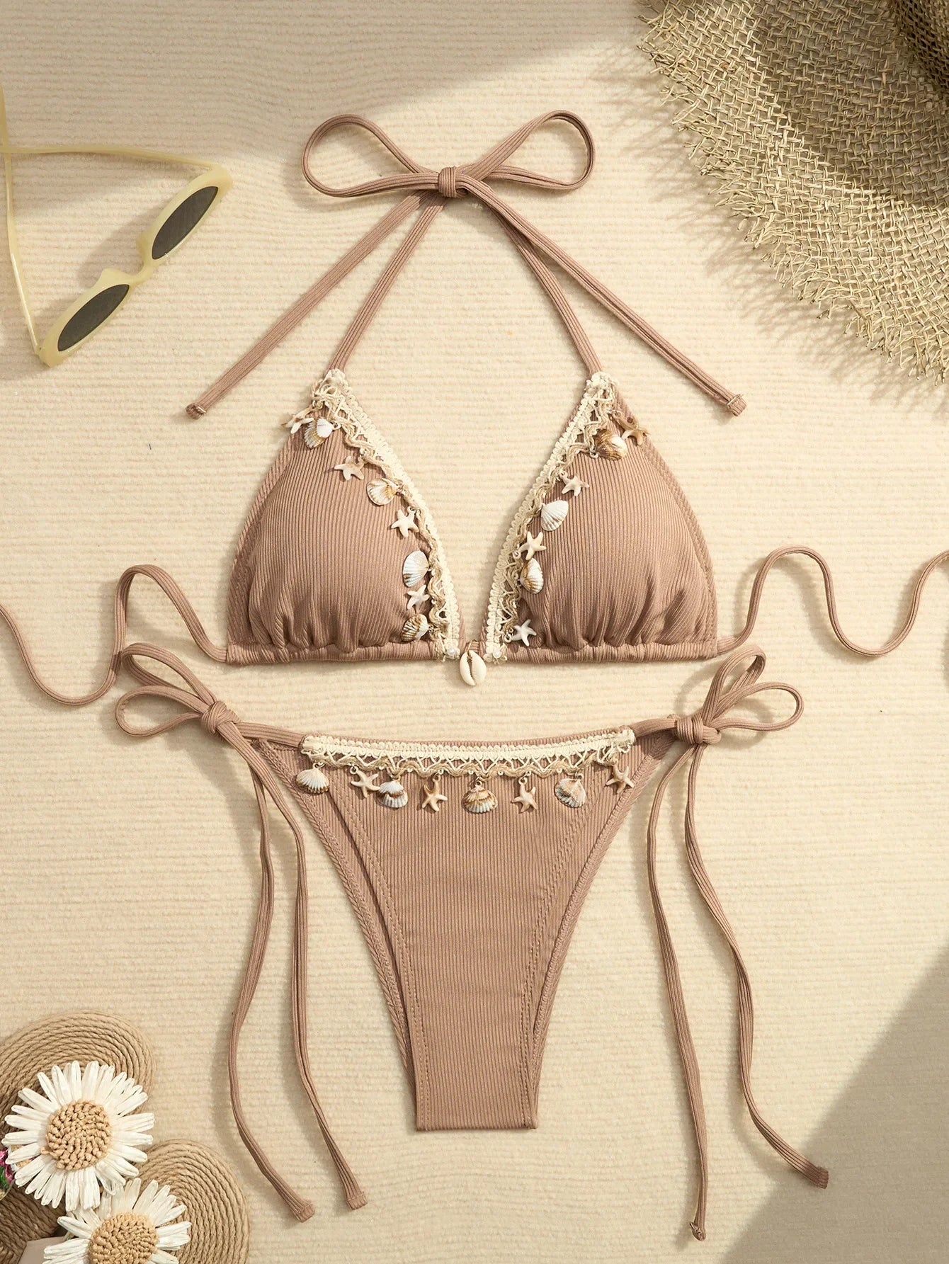 Shell Decoration Ribbed Halter Strappy Bikini Women Swimwear Female Swimsuit Two-pieces Bikini Set Bather Bathing Suit Swim Lady