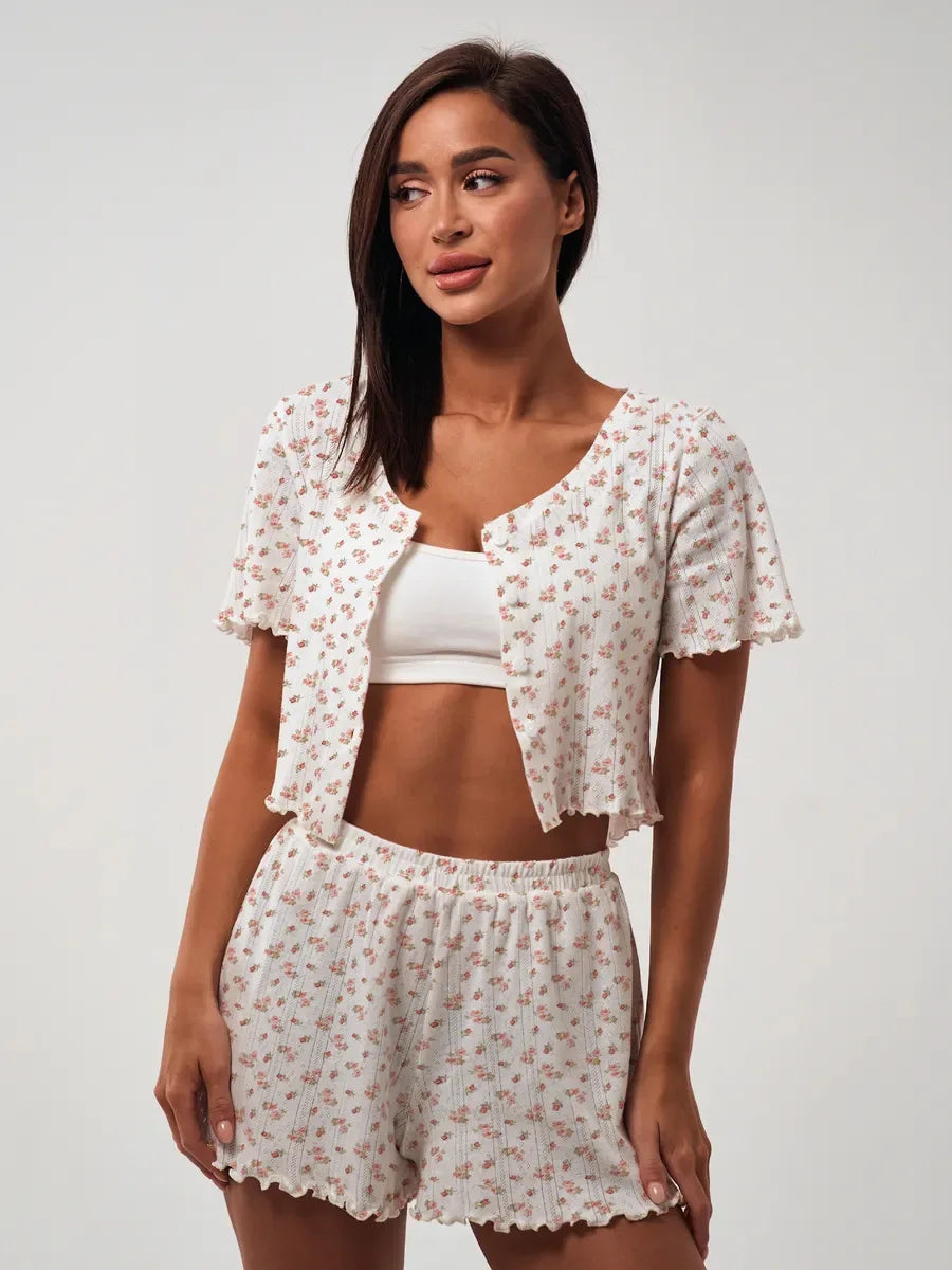 Women's Sleepwear Summer Sexy Hollow Women Pajamas Shorts Set Short Sleeve Cotton Pajamas Breathable Comfortable Homewear Set
