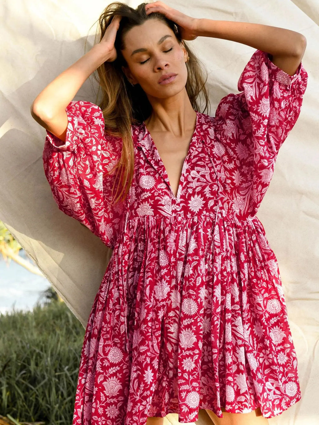 Foridol Lantern Half Sleeve Cyan Bohemian Beach Midi Loose Dress Summer for Women Tie Up Casual Floral Holiday Midi Vestidos