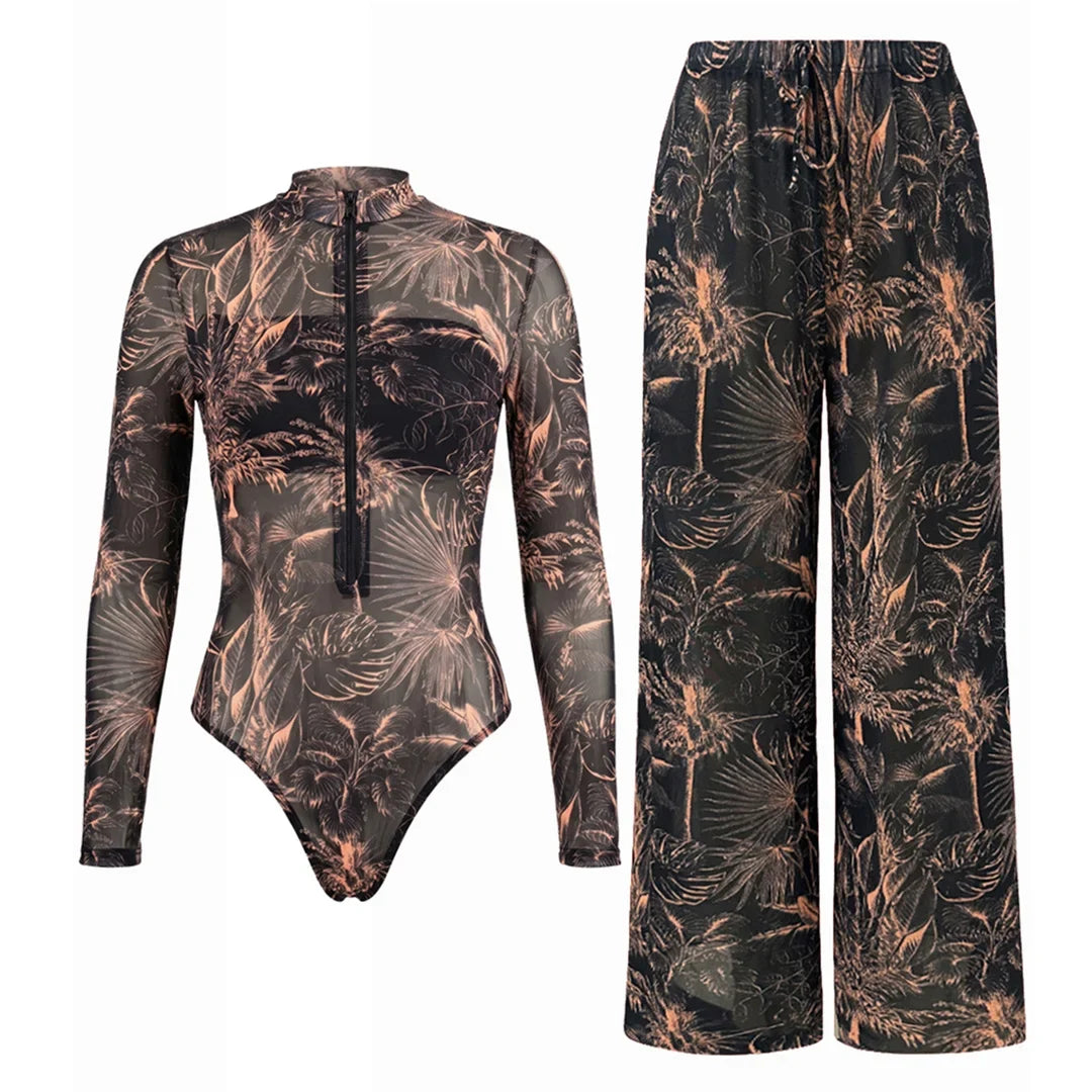 S - XXL New Leaves Printed Long Sleeve With Zipper Pants One Piece Swimsuit Women Swimwear Female Bather Bathing Suit Swim V8355