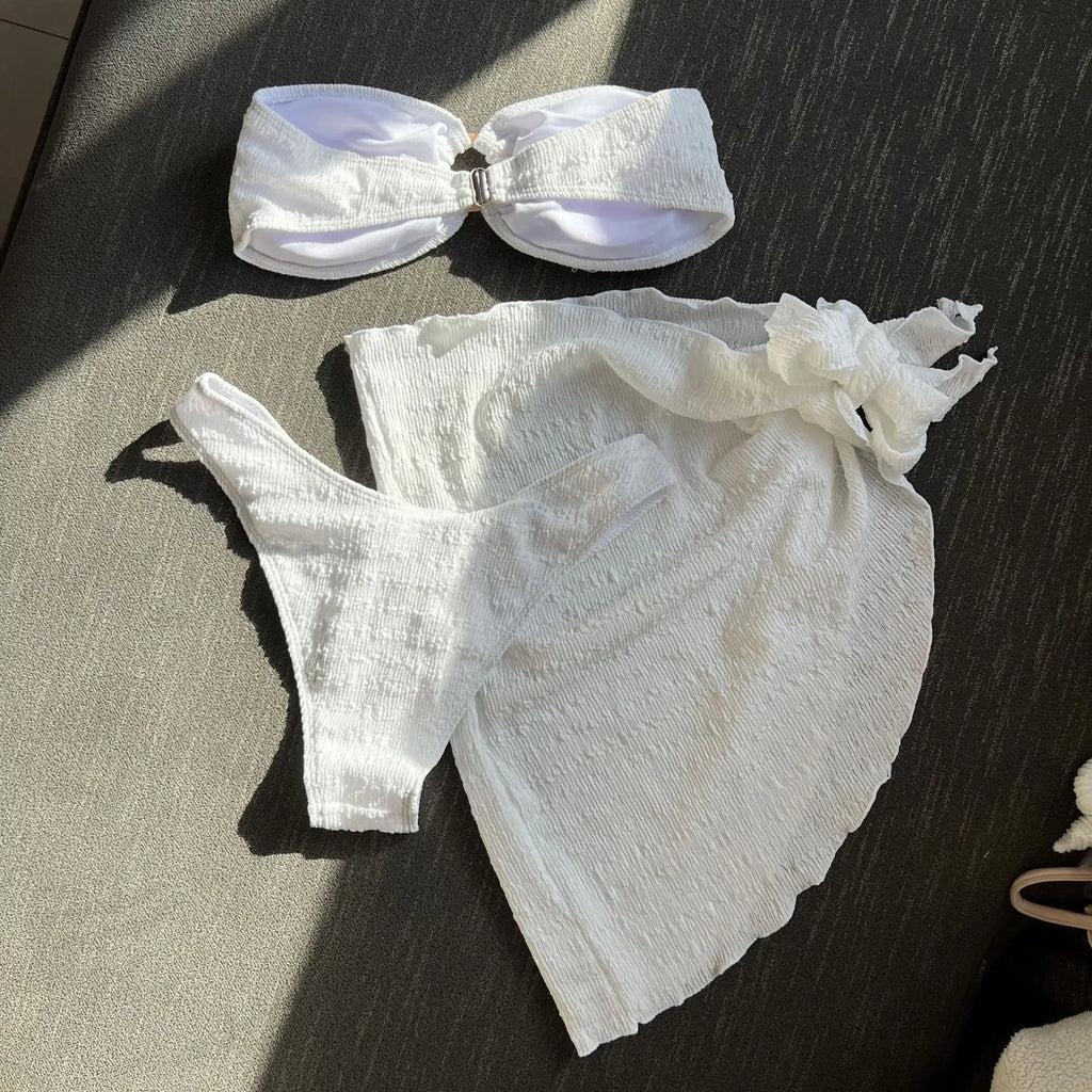 sexy bandeau ring bikinis sets three pieces with cover skirt bathing suit swimwear beach wear thong swimsuits biquini tankini