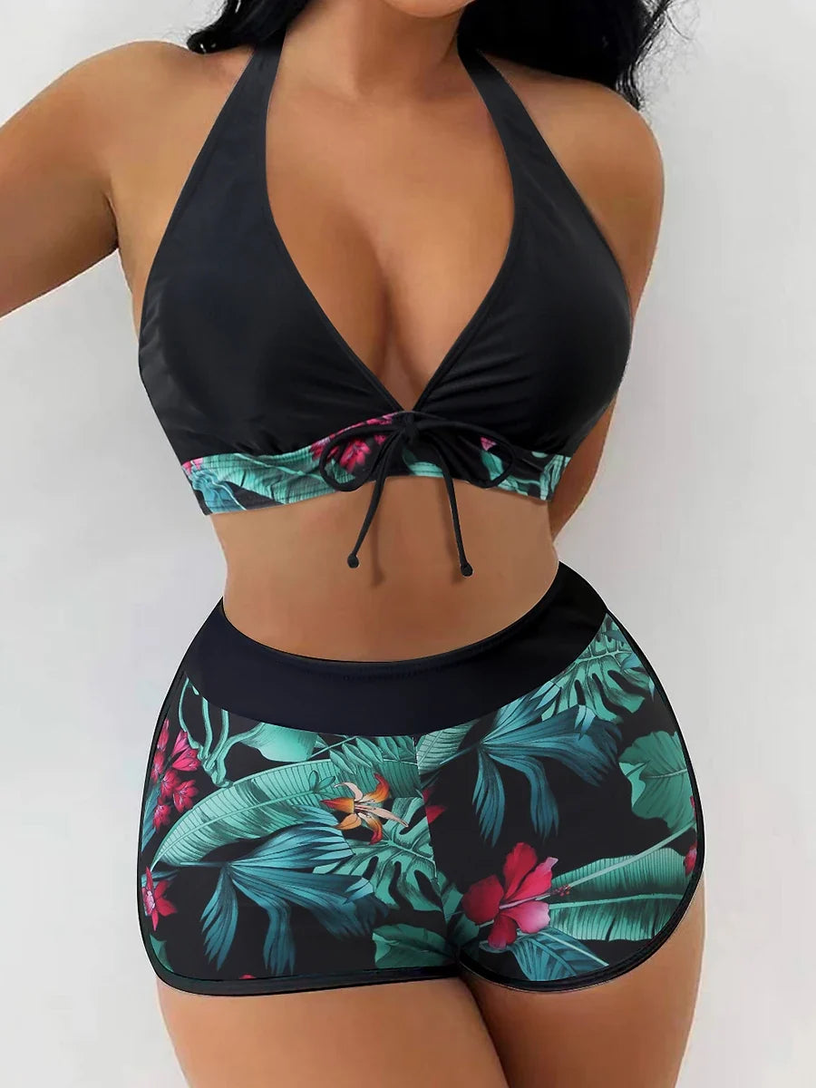 Halter Bikinis 2026 Women Printed Swimsuit Shorts High Waist Swimwear Female Bathers Swimming Bathing Suit Summer Beachwear