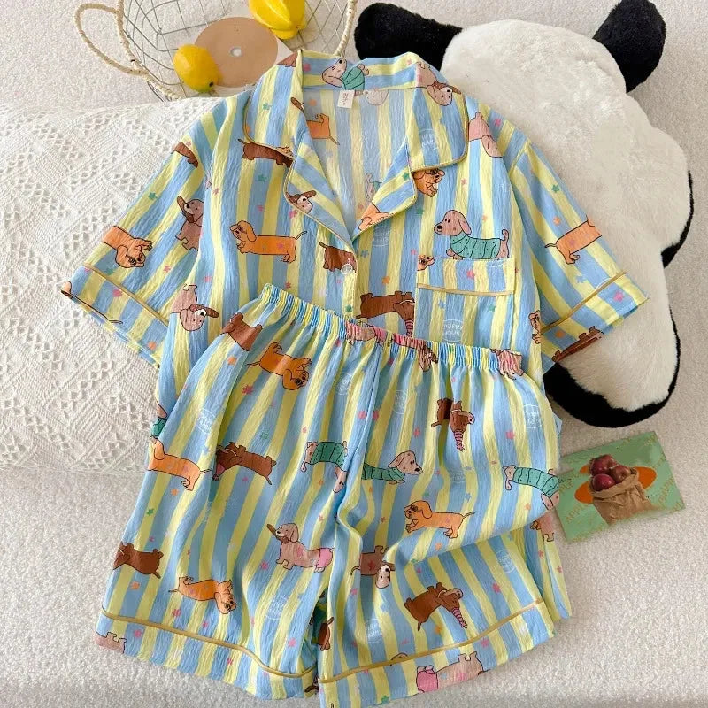 Star Striped Dog Print Kawaii Pajamas for Women Y2K Fashion Lapel Neck Women's Pajamas Summer New Sweet Cute Home Wear Woman
