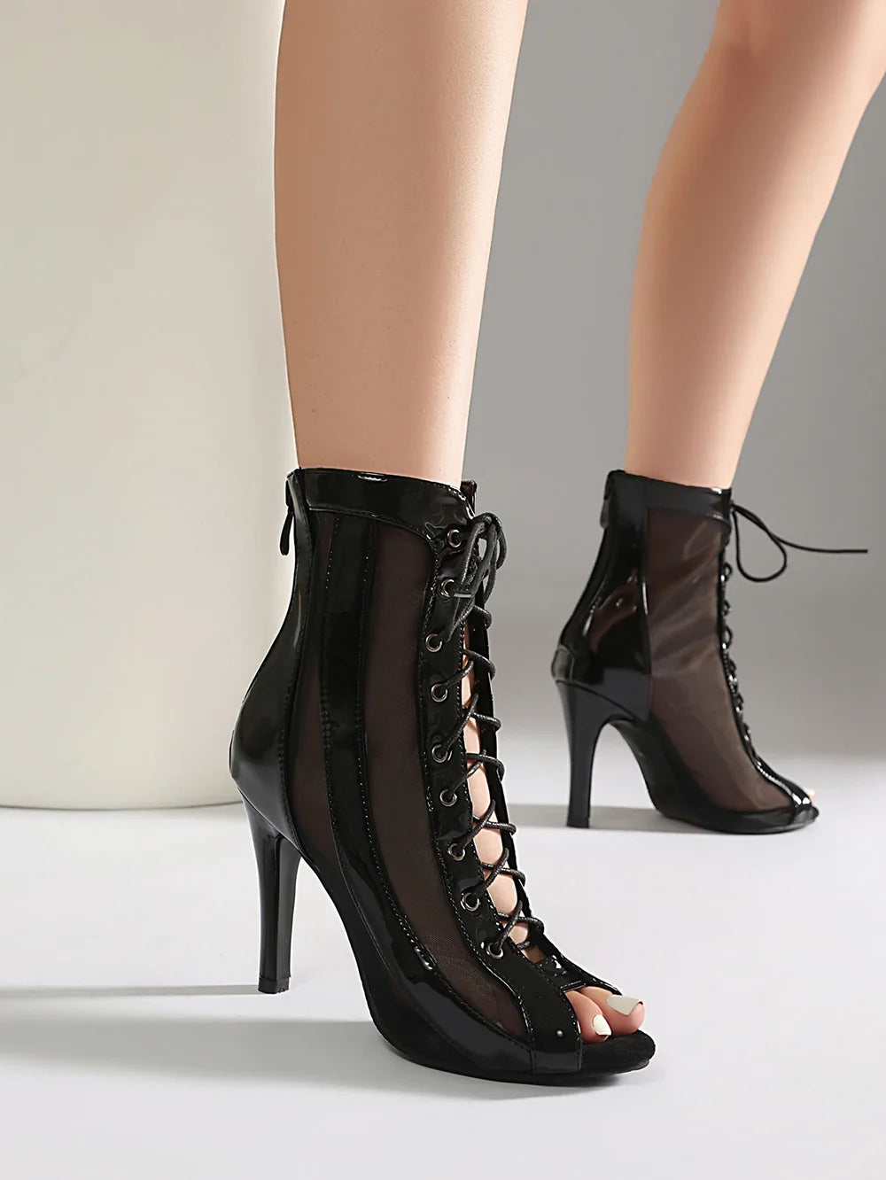 Plus Size Women Patent Leather Mesh Spliced Ankle Boots Back Zipper Peep Toe Lace Up Stiletto High Heels Hollow Out Summer Booti