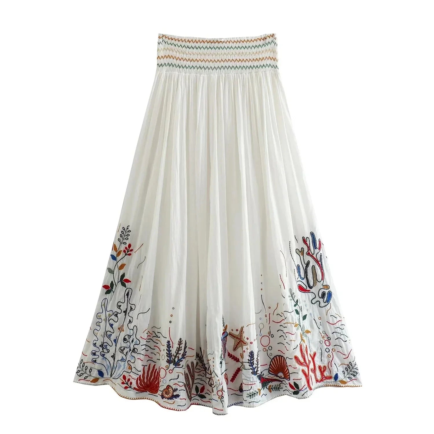 Foridol Marine Organism Embroidery Batwing Sleeve Summer Spring Maxi Skirt Set Cotton White Tassle Dress Set Outfits Button Suit