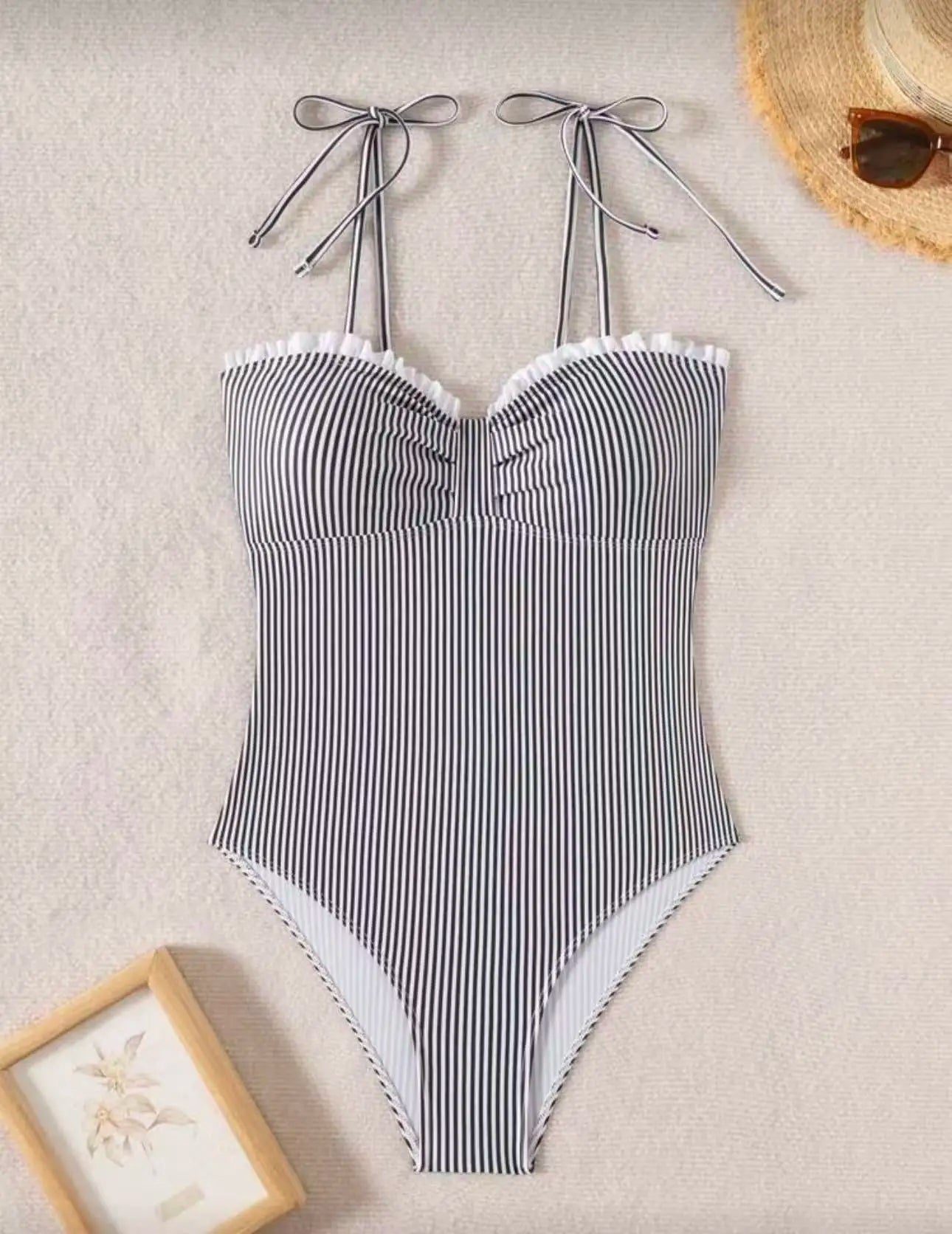 2026 Strappy Swimsuit One Piece Sexy Striped Ruffle Swimwear Women Bathers Bathing Swimming Swim Suit Padded Beachwear Summer