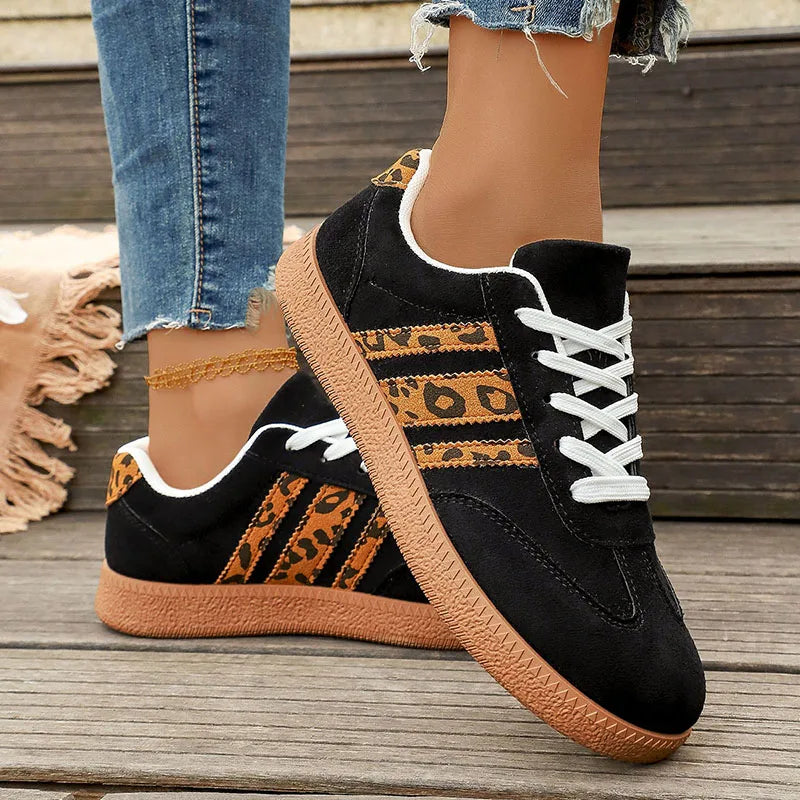 Plus Size 43 Leopard Print Flats Women Fashion Striped Lace Up Platform Sneakers Women Comfy Anti Slip Soft Sole Sport Shoes