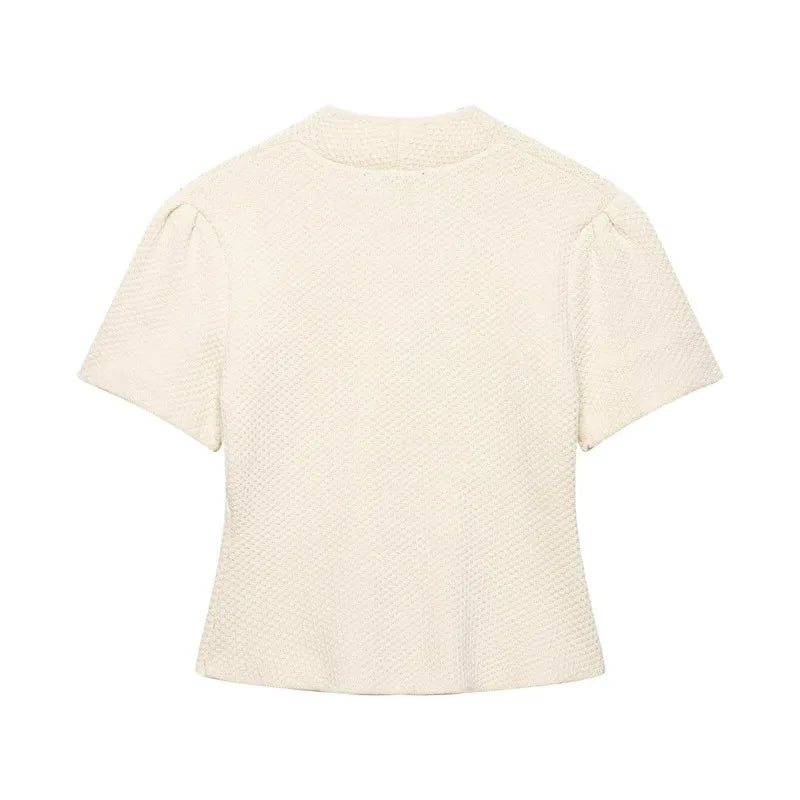 Women's Fashion Casual Structured Knit Jacket Women Beige V Neck Short Sleeve Textured Knit Cardigan Button Front Top Charm 17M0