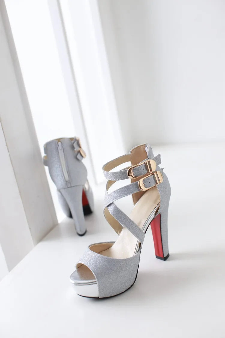 Women's Sandals Summer New Style Fashion Fish Mouth Open Toe Buckle Thick Heel High Heel Women's Shoes Plus Size 33-43 High 11cm