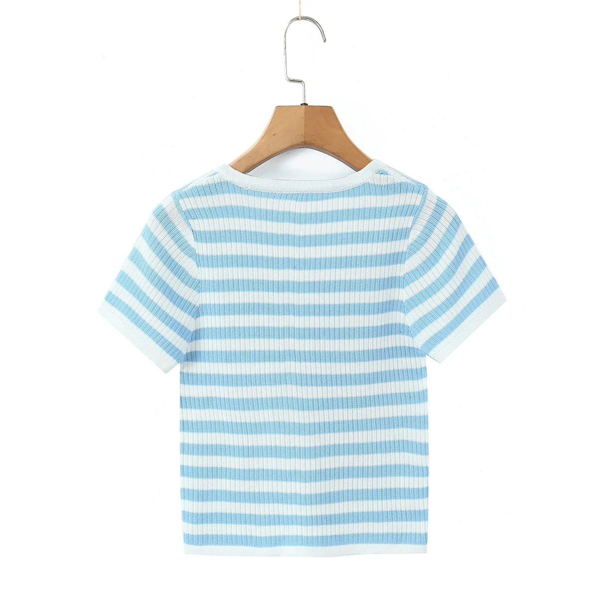 Blue And White Striped Henley Neck Knit Top Casual Short Sleeve Ribbed T Shirt For Women Summer Daily Wear Casual Fashion VGK2