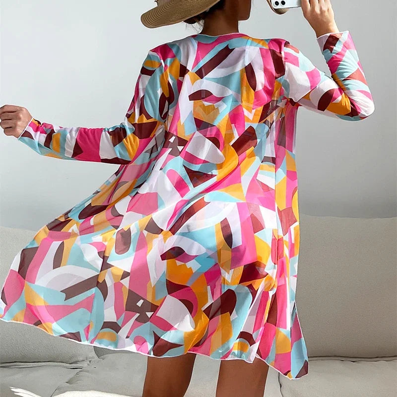 New Women's 3 Pieces Swimsuit Allover Print Tankini+Long Gauze Coat Cover-Up Swimwear High Waist Shorts Bathing Suit Beachwear