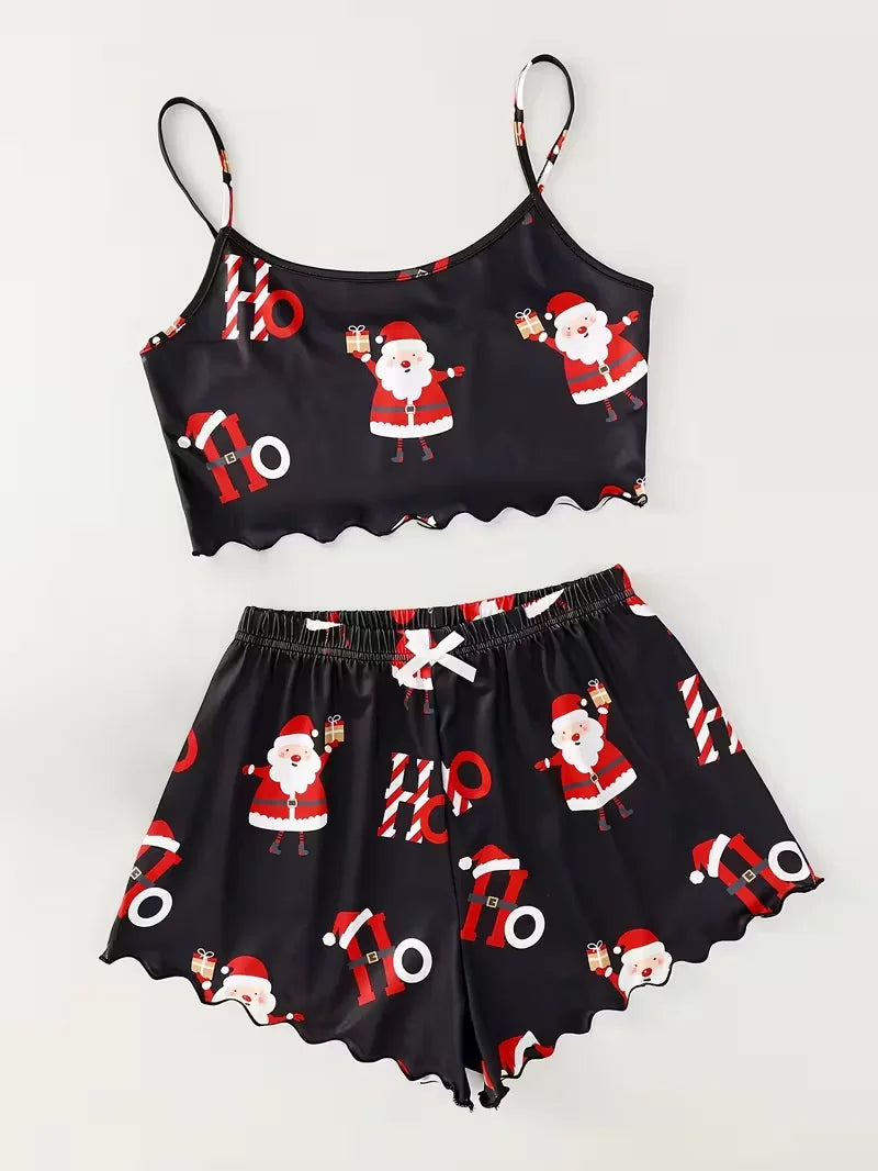 Christmas Santa Claus Element Print Pajama Set for Women's Sleepwear 2 Pieces Crop Tops and Shorts Homewear Loungewear