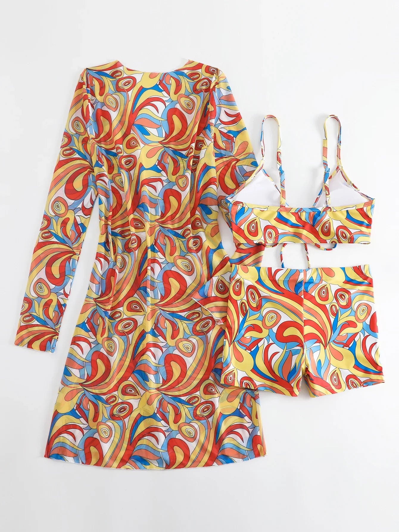 New Sexy 3 Pieces Suit for Women Neck Hanging Bikini Set+Cover-up Swimwear Sunproof Tankini High Waist Shorts Swimsuit Beachwear