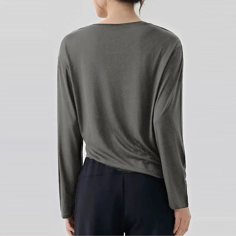 Women's Slimming Long-Sleeved Yoga Suit Sports T-Shirt with Drawstring Waist for Pilates Outdoor Fitness Training
