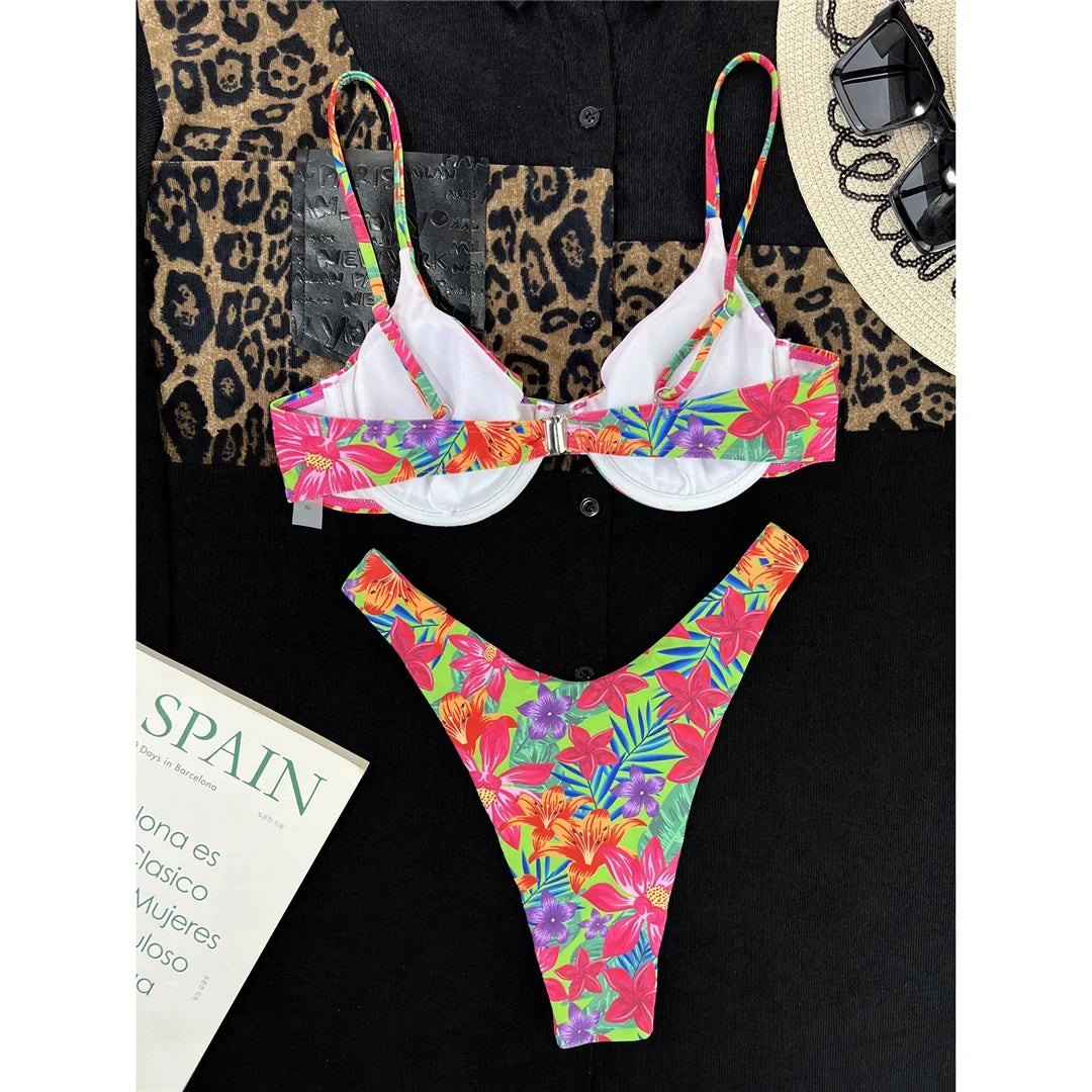 Flowers Printed Underwired Brazilian Bikini Female Swimsuit Women Swimwear Two-Pieces Bikini Set Bather Bathing Suit Swim V4762