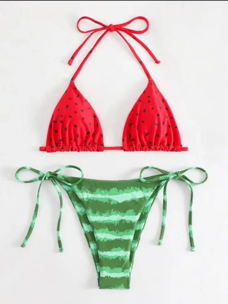 Sexy Women Cute Watermelon Print Halter String Micro Bikini Sets Two Pieces Swimsuit Swimwear Bathing Suit Beach Outfits Biquini