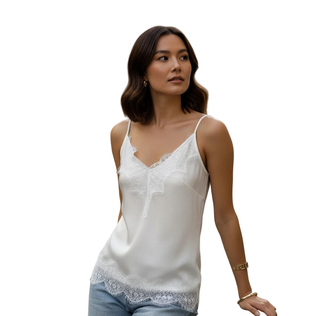 Fashion Summer Satin Tank Tops Women Solid Color Deep V Neck Sleeveless Adjustable Spaghetti Strap Lace Patchwork Vest