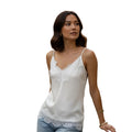 Fashion Summer Satin Tank Tops Women Solid Color Deep V Neck Sleeveless Adjustable Spaghetti Strap Lace Patchwork Vest