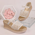 Hollow Out Gold Wedge Heels Sandals Women Plus Size 43 Chunky Platform Slippers Woman Summer Slip On Weave Thick Sole Sandles