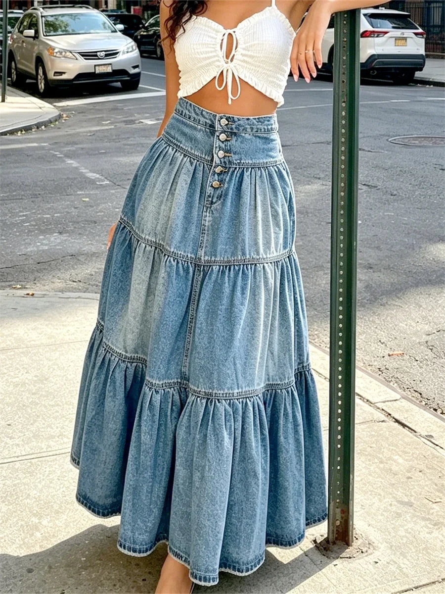 Women's Vintage Denim Midi Skirt High Waist Irregular Ruffle A Line Jean Skirt for Summer Spring