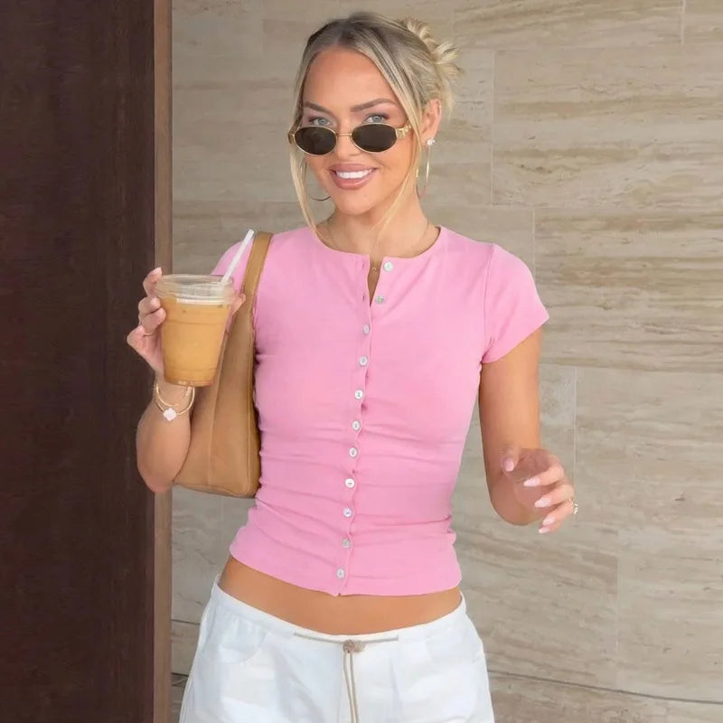 FDYOUI Pink T-shirts 2026 Summer Woman Clothes O-neck Single Breasted Cardigan Tops Female Short Sleeve Slim T Shirt Streetwear