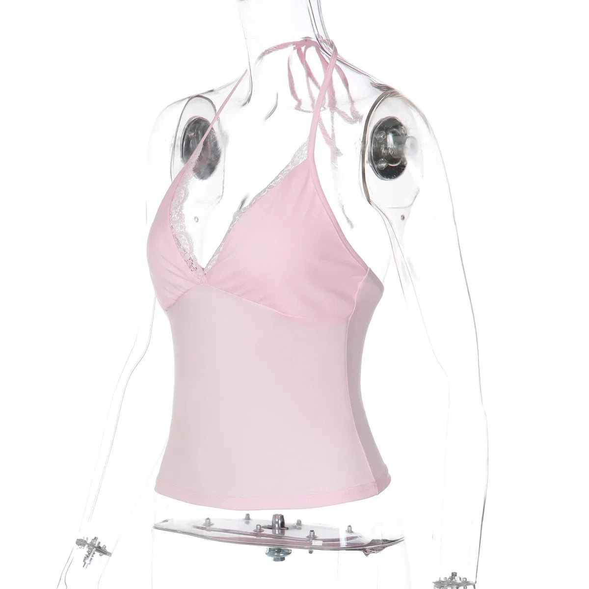 FDYOUI Casual Sexy Halter Neck Lace Patchwork Pink Camisoles Women Bandage Backless Corset T-shirt Y2K Streetwear Cropped Tops