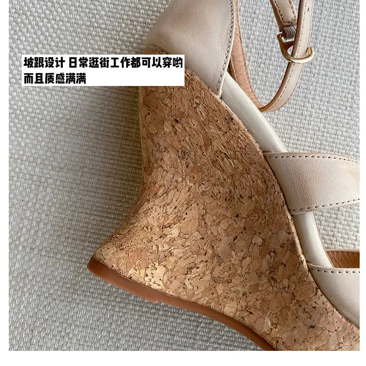 Women’s Sandals Cowhide Shoes Thick Platform Heel Sandals Elegant Lady Summer Apricot High Heel Peep Toe Buckle Sandals