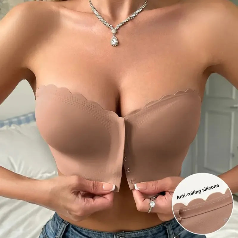 Solid Seamless Strapless Front Closure Wireless Strapless Bra, Sexy Comfy Push Up Bra, Women's Lingerie & Underwear