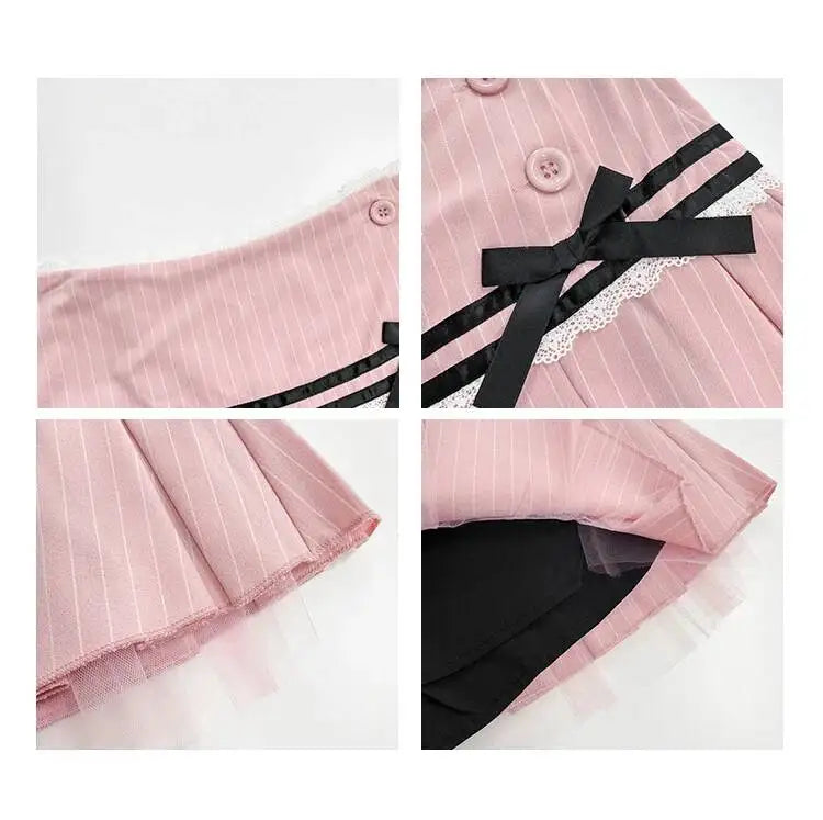 Striped Contrasting Color Bow Lace Splicing Pleated Skirt Women 2026 Summer American Style Low Waist  A-line Short Skirt UBFK