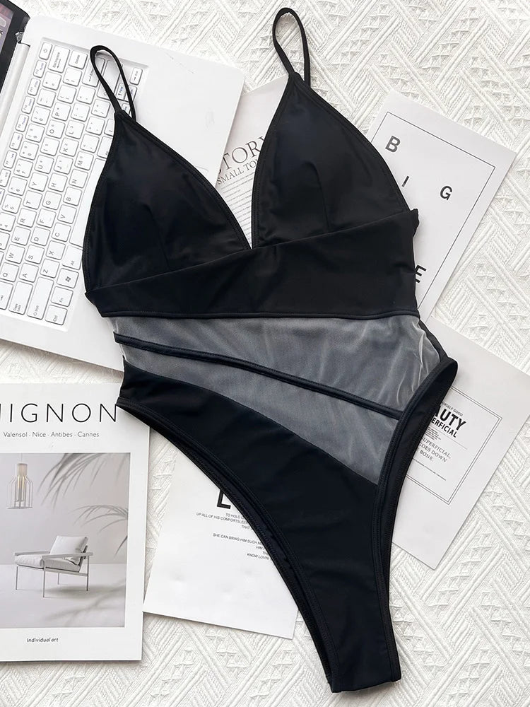 2025 Sexy Splicing Mesh See Through Female Swimwear One Piece Swimsuit Women High Cut Monokini Bathing Suit Swim Beach Wear
