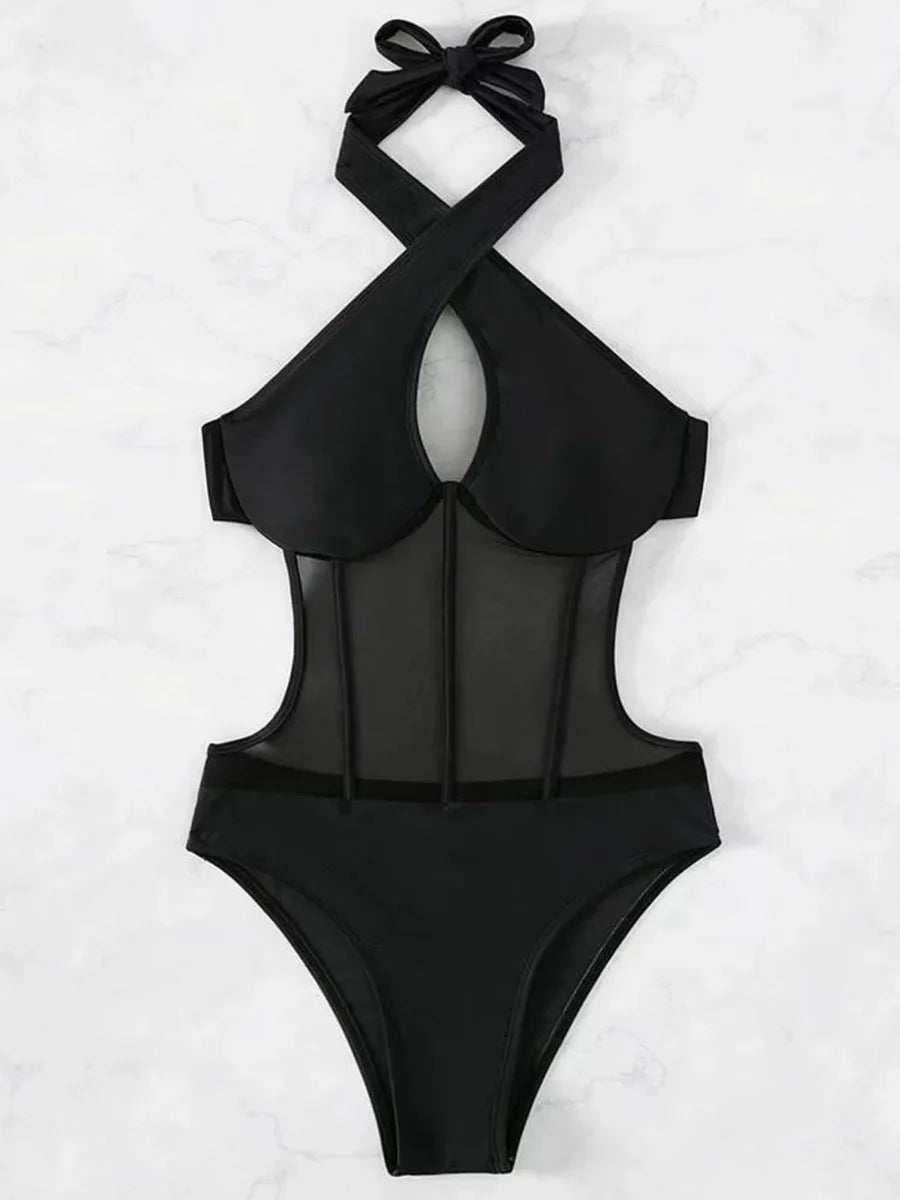 Halter Mesh Sheer Underwired One Piece Swimsuit Women Swimwear Female Backless Hollow Out Monokini High Cut Bathing Suit Swim