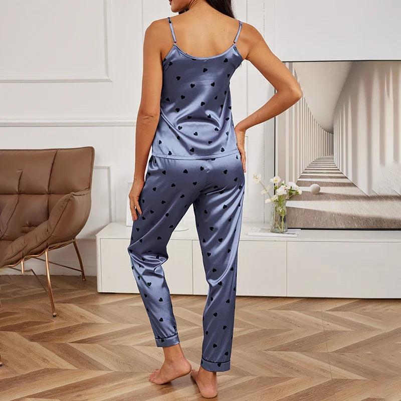 Ladies Heart Print Pajama Set Sexy V Neck Cami Top & Elastic Waistband Pants Pyjama 2 Pieces Women's Sleepwear & Loungewear Pjs