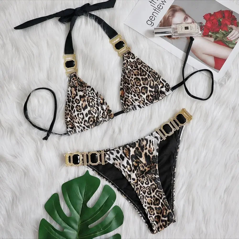 Bikini 2026 Sexy Leopard Diamond Chain Swimwear Swimsuit Women Halter Bikinis Set Bathing Suit Beach Bikini Luxe Female Push Up