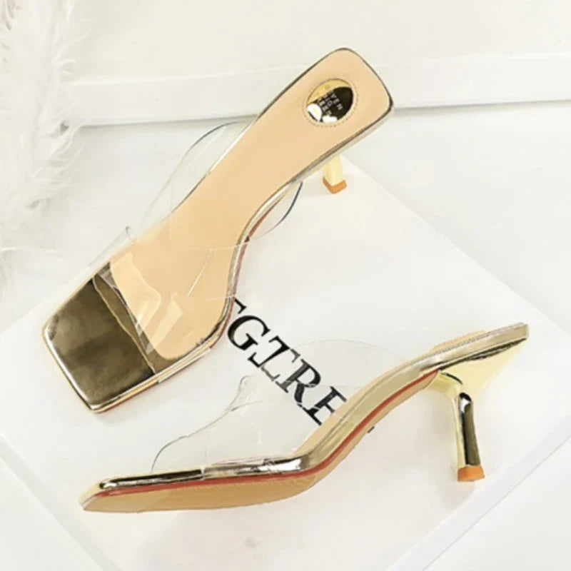 BIGTREE Sexy Silver PVC Transparent Crystal Womens Slippers 2026 Summer Square Toe Thin High Heels Sandals Ladies Shoes