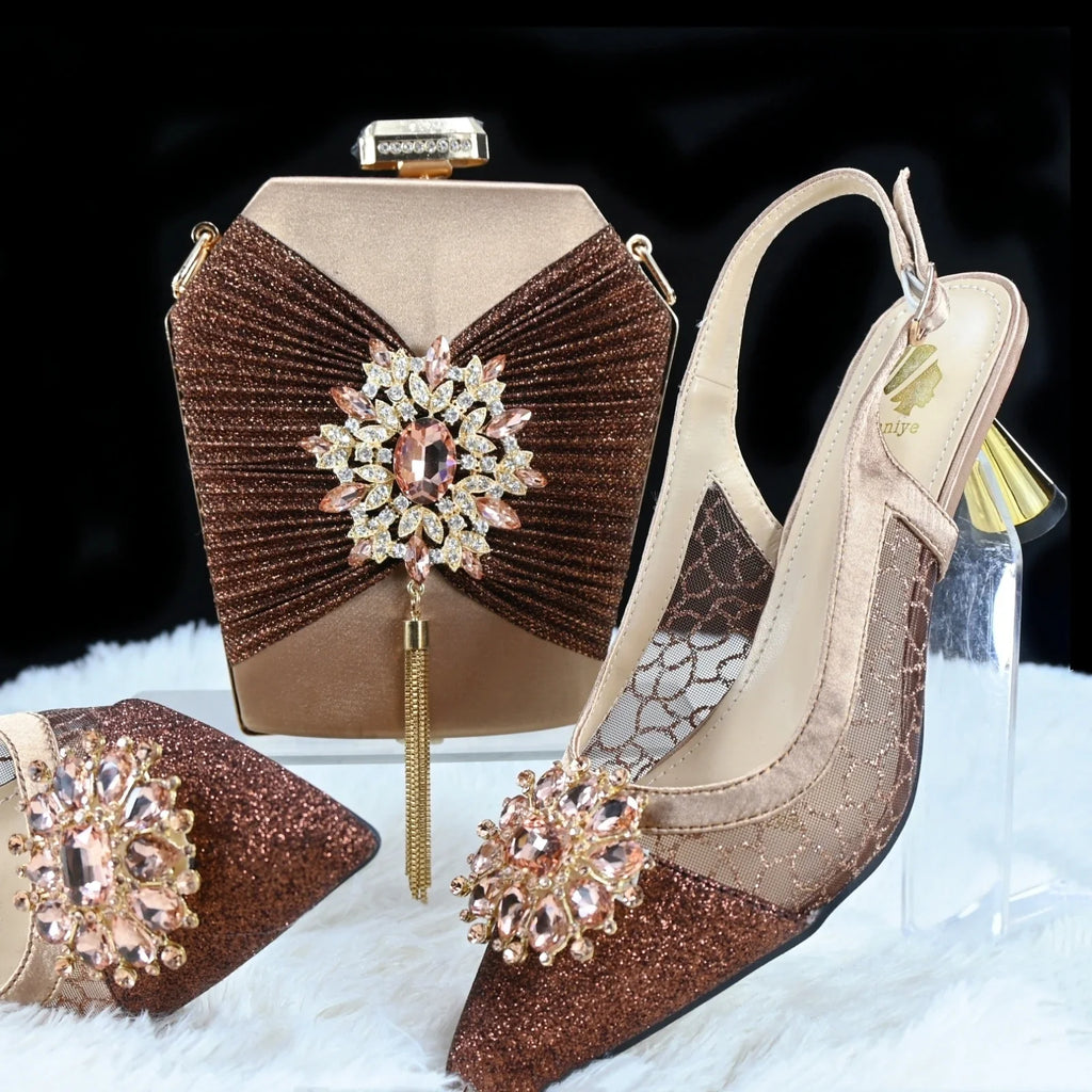 Doershow High Quality African Style Ladies Shoes And Bags Set Latest coffee Italian Shoes And Bag Set For Party  HGH1-14