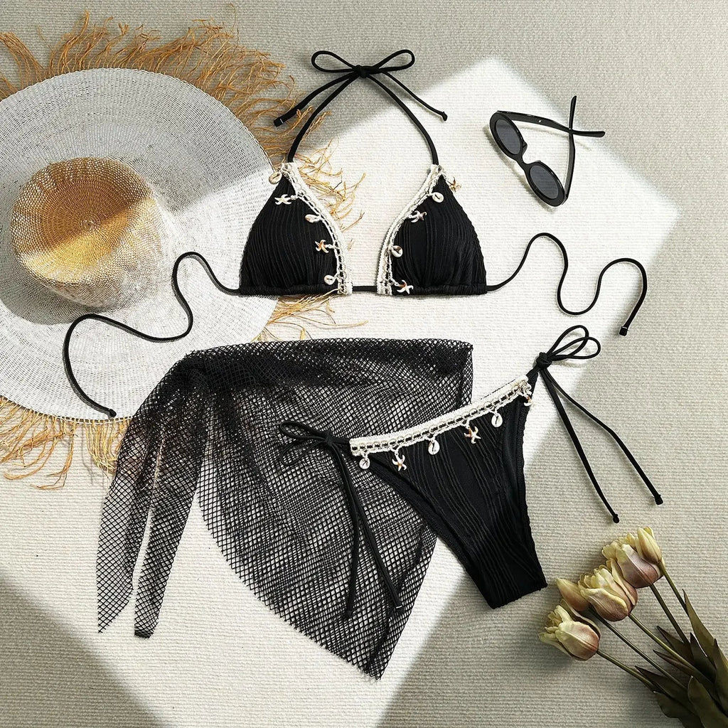 With Mesh Sarong Wrinkled Halter Shell Bikini Female Swimsuit Women Swimwear Three-pieces Bikini Set Bathing Suit Swim Beachwear